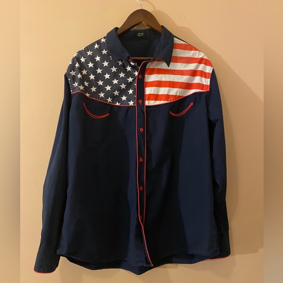 Coofandy American Patriotic Western Long Sleeve Button Down Shirt Men's XXL Navy - Picture 2 of 10